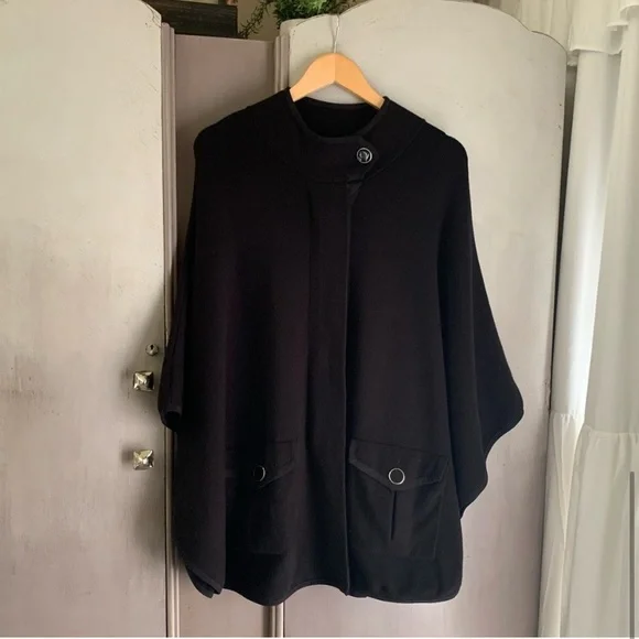 Anne Klein High Neck Pocketed Cape Black Sweater Shrug Poncho Mock Neck - Picture 7 of 14